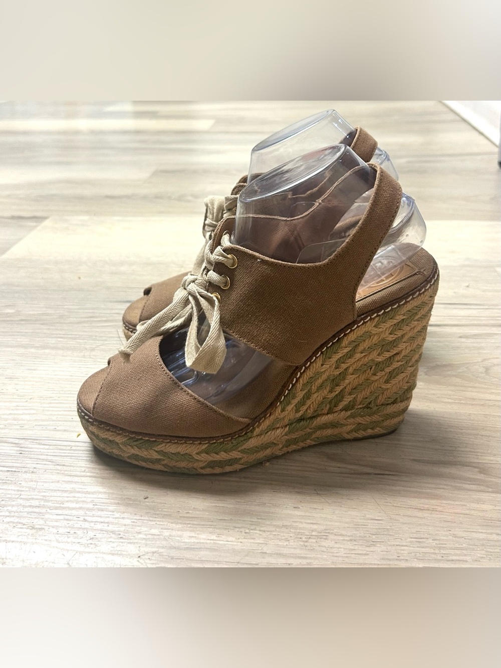 Tory Burch Wedge Sandals Womens 9M Linley Espadrille Platform Tan Olive Lace Up - Picture 2 of 14